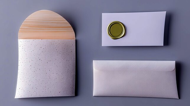 A collection of stationery items, including a speckled envelope with a wooden flap, a white card with a gold wax seal, and a plain white envelope, are arranged - Powered by Adobe