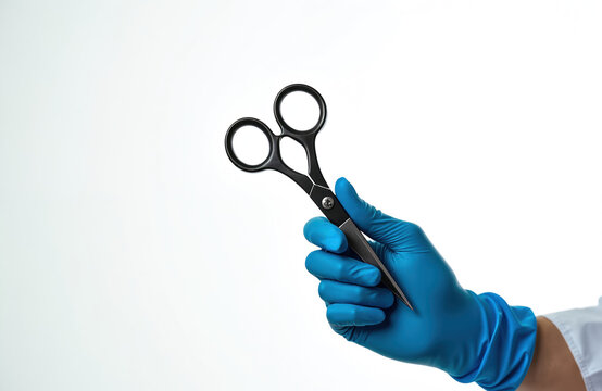 Hand wearing blue glove holds black scissors against white background. Tool for precise cutting used in medical beauty fields. Represents sterile procedure grooming task. Clean image for healthcare