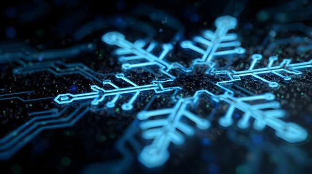 Digital Snowflake on a Microchip with Glowing Blue Circuit Lines, Macro Shot