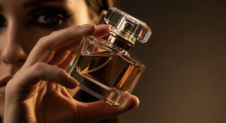 Caucasian female displaying elegant perfume bottle in soft lighting