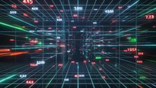 Dynamic digital grid displaying abstract financial data and numerical information.