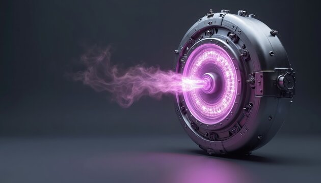 Experimental reactor device for nuclear fusion power. Scientists research clean energy generation with magnetic confinement. Plasma technology in futuristic science lab.