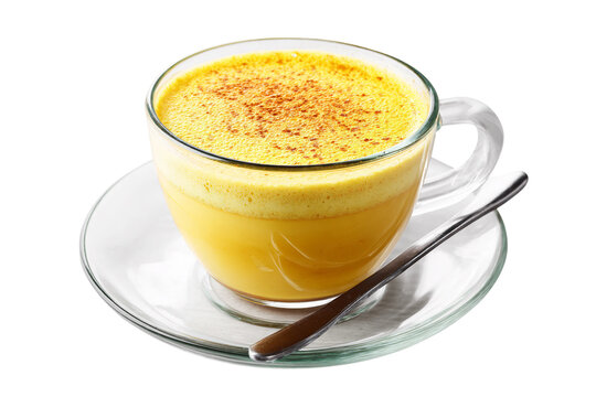 Golden turmeric latte with almond milk isolated on transparent background