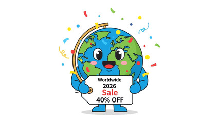 Global Promotion: An adorable cartoon globe cheerfully showcases a sale, highlighting the upcoming year and a discount offer against a backdrop of colorful confetti and a playful setting.