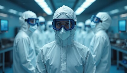 Workers in clean room suits stand in a sterile facility. People in protective gear operate advanced tech machines. Blue light illuminates cleanroom environment and scientific research.