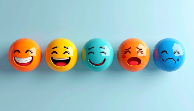 Five colorful spheres with different emoji faces lined up. The emotions depicted range from happiness to sadness, against a blue backdrop