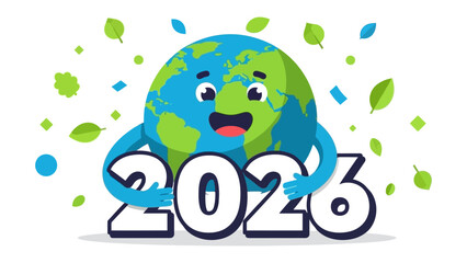 Earth's Celebration for the New Year: A cheerful globe embracing the numbers of the upcoming year, surrounded by lively confetti and leaves, to symbolize new beginnings and environmental optimism.
