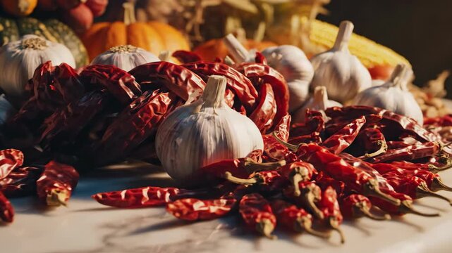 A close-up shot of dried red chili peppers and garlic bulbs on a white cutting board, with a blurred background of pumpkins and other vegetables, creating a rustic and autumnal feel.