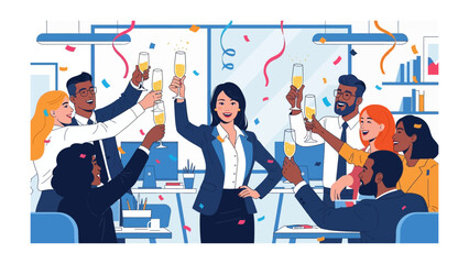 Office Toast: A diverse group of coworkers celebrate a successful project with champagne, confetti filling the air. This illustration captures the spirit of collaboration, success, and teamwork.