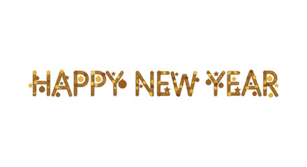 Golden glittering happy new year text banner with festive sparkles and confetti on white background