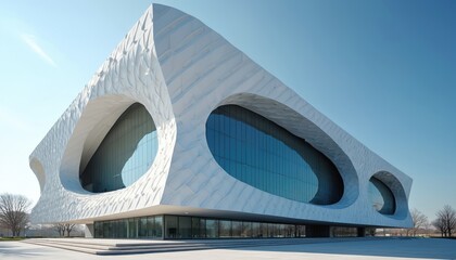 Modern convention center features abstract white exterior with large oval windows. Sleek geometric design stands against clear blue sky. Architectural marvel boasts unique facade.