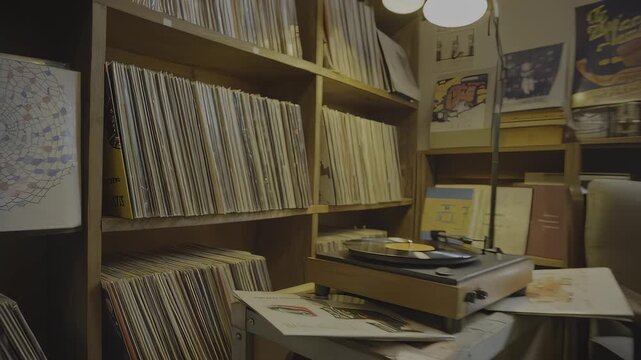 Shelves full of vintage records and a record player