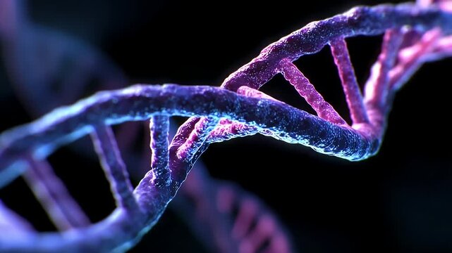 Detailed microscopic view of a luminous purple and blue dna double helix structure with tiny particles floating around against a dark background representing genetic code and molecular biology