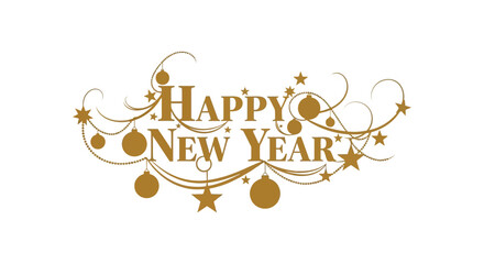 Elegant golden happy new year text with festive ornaments and swirling decorative elements