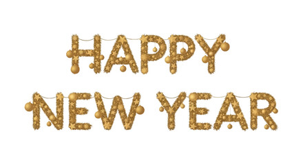 Bright golden string lights form the words happy new year on a white background