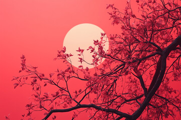 Red sky, sun and tree