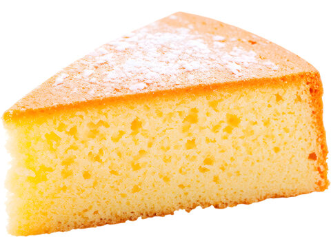 Slice of yellow sponge cake isolated on transparent background, perfect for dessert and bakery visuals..
