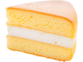 Slice of yellow sponge cake isolated on transparent background, perfect for dessert and bakery visuals..