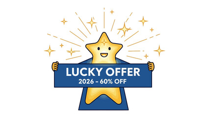 Lucky Star Offer: A cheerful star character holds up a banner advertising a Lucky Offer, highlighting a significant discount, creating a sense of excitement and anticipation for potential savings.