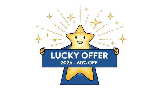 Lucky Star Offer: A cheerful star character holds up a banner advertising a Lucky Offer, highlighting a significant discount, creating a sense of excitement and anticipation for potential savings.