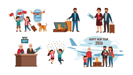 Travel Ready: A collection of illustrations depicting families embarking on a journey, showcasing various scenes related to travel and the excitement of new experiences.