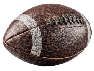 Brown leather football with white stripes and detailed stitches