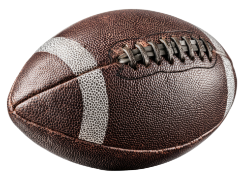 Brown leather football with white stripes and detailed stitches