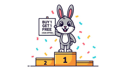 Rabbit Promotion: An adorable cartoon rabbit joyfully stands on a podium, holding a sign for a Buy 1 Get 1 Free offer, surrounded by colorful confetti, capturing a sense of playful marketing.