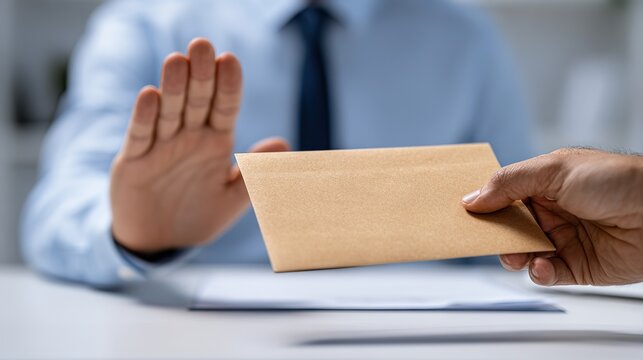 Businessman refusing brown envelope bribe at white office desk, raising hand in rejection gesture, symbolizing anti-corruption, integrity, and honesty concept for International Anti-Corruption Day