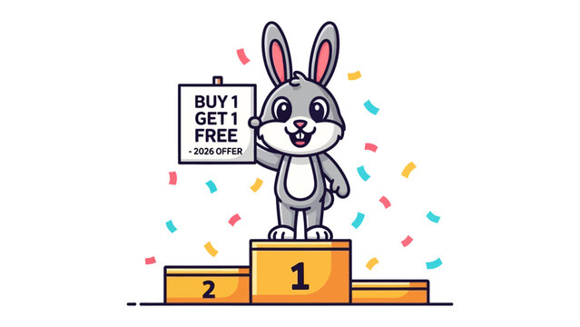 Rabbit Promotion: An adorable cartoon rabbit joyfully stands on a podium, holding a sign for a Buy 1 Get 1 Free offer, surrounded by colorful confetti, capturing a sense of playful marketing.