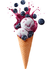 Ice cream cone with blueberries and cream isolated on transparent background, perfect for dessert and fruit visuals..