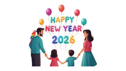 New Year Family Celebration: A joyous family stands together to celebrate the dawn of the new year with colorful balloons, exuding warmth and excitement.