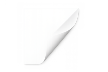 Blank white paper page with curled corner revealing transparent background, turning new page concept