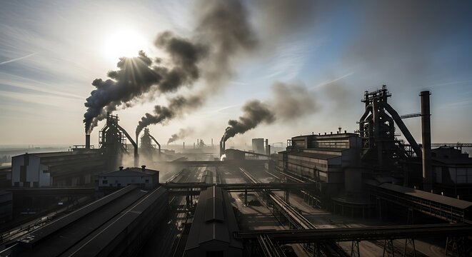 Massive industrial complex belches smoke into the hazy morning sky with sunbeams breaking through the atmospheric pollution.