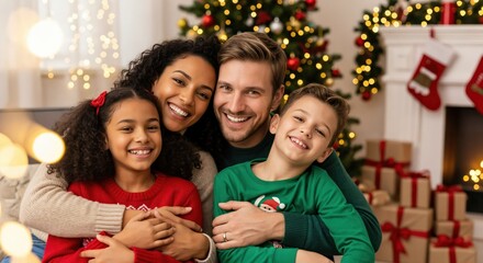 Joyful multiracial family portrait: Black mother, Caucasian father, mixed-race daughter, and Caucasian son celebrating Christmas at home.