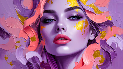 Abstract art portrait of a woman with lavender skin, gold foil on her face and hair,