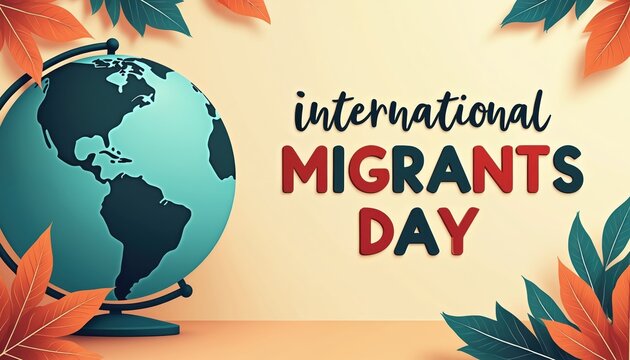 Graphic design for International Migrants Day shows globe with text. Celebrates unity global community migration awareness message of hope support and togetherness.