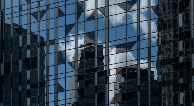Reflections of buildings and sky on the glass facade of a skyscraper - Powered by Adobe