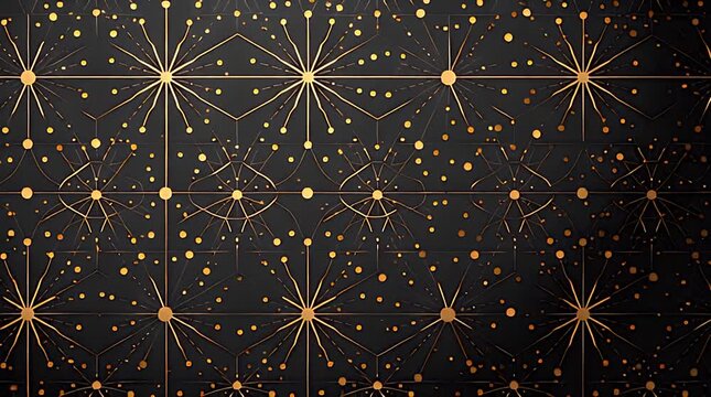A dark, patterned background featuring geometric shapes with golden lines radiating from central points, adorned with small golden dots. The composition exudes elegance