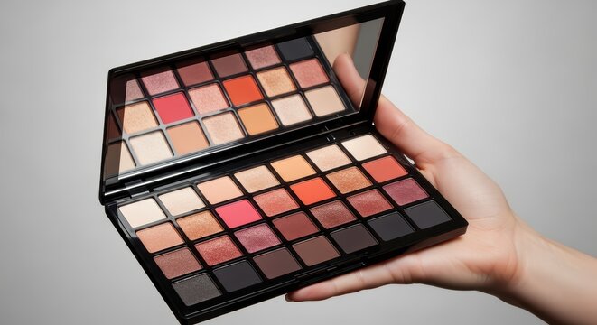 Open makeup palette with multiple eyeshadow colors in hand