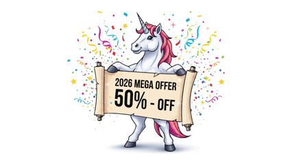 Mega Offer with a Mythical Touch: A whimsical unicorn proudly presents a banner announcing a special 50% Off mega offer for 2024, set against a backdrop of colorful confetti.