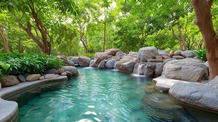 Serene spa retreat surrounded by lush greenery and tranquil water invites relaxation and therapy, creating ideal atmosphere for rejuvenation and wellness in nature
