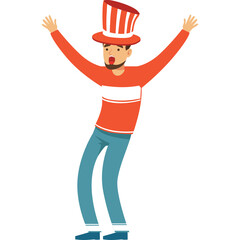 Excited Man Wearing Red and White Striped Top Hat and Orange Sweater with Blue Jeans Cheering with Arms Raised in Celebration Against a Transparent Background in a Festive Pose