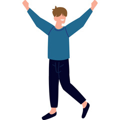Excited Man With Arms Raised In Celebration Wearing Blue Sweater And Dark Pants Isolated On White Background