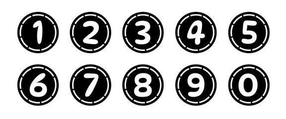 Collection of bullet points, number font icons. Vector set of bullet points numbers 0 to 9. Colored in black. Vector illustration.