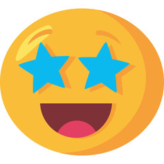 Excited Yellow Emoticon Face With Blue Star Eyes Open Mouth Wide Grinning Expression Joyful Emotion And Positive Feeling Transparent Background Flat Design