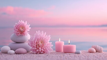 Serene spa setting with pink flowers, smooth stones, and soft candles creates tranquil atmosphere for relaxation and wellness therapy in nature by water - Powered by Adobe