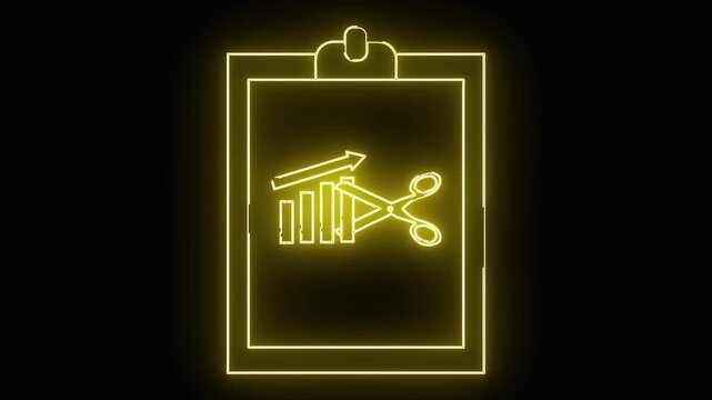 Yellow neon art a clipboard with a rising bar graph being cut by scissors