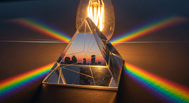 Light bulb and prism refracting light into a rainbow of colors on table