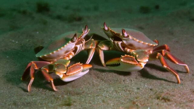 Two crabs clashing claws on the sand seabed